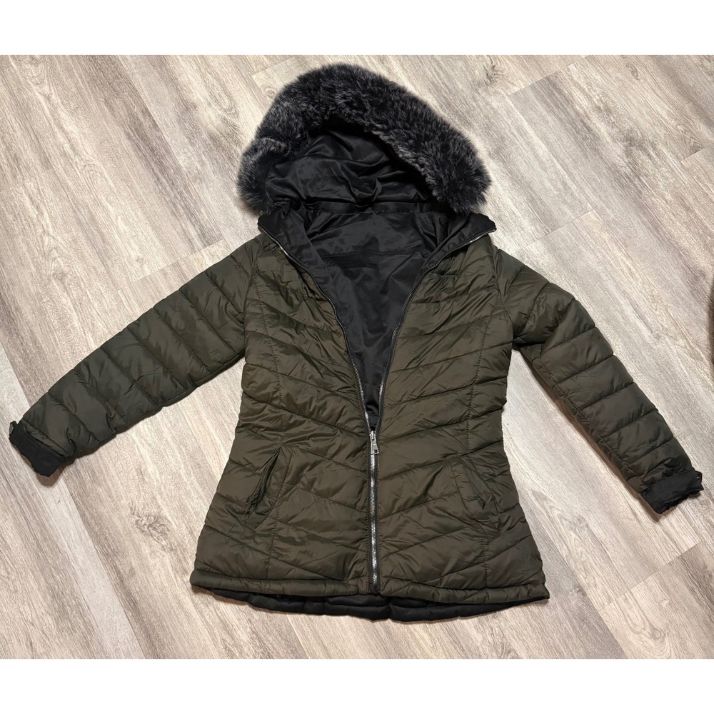 YMI Collection Olive Green Chevron Quilted Puffer Jacket Faux Fur Hood Womens L‎